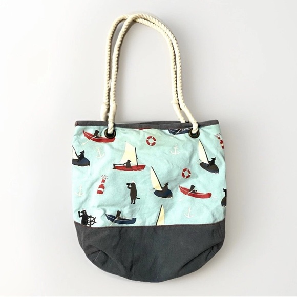 Hatley Nautical Beach Tote Sailing Dogs Rope Handles 100% Cotton Boats Sailor - Picture 2 of 10